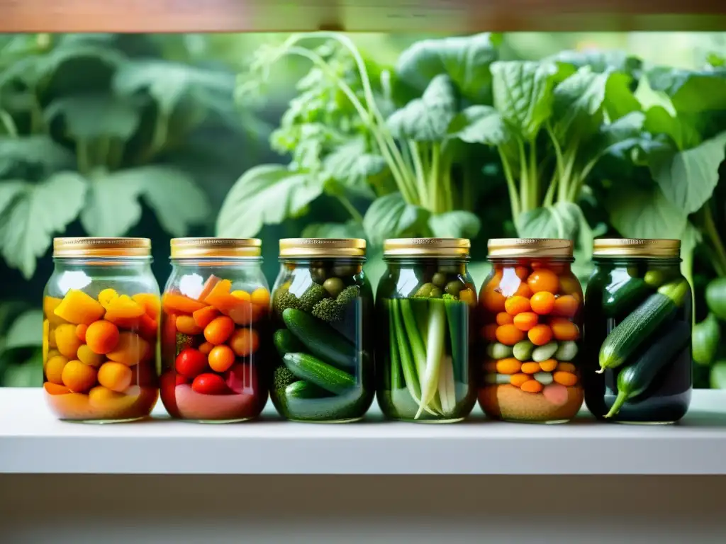 Vegetales coloridos en frascos de vidrio con brine, reflejando las técnicas de fermentación lenta en huertos verticales