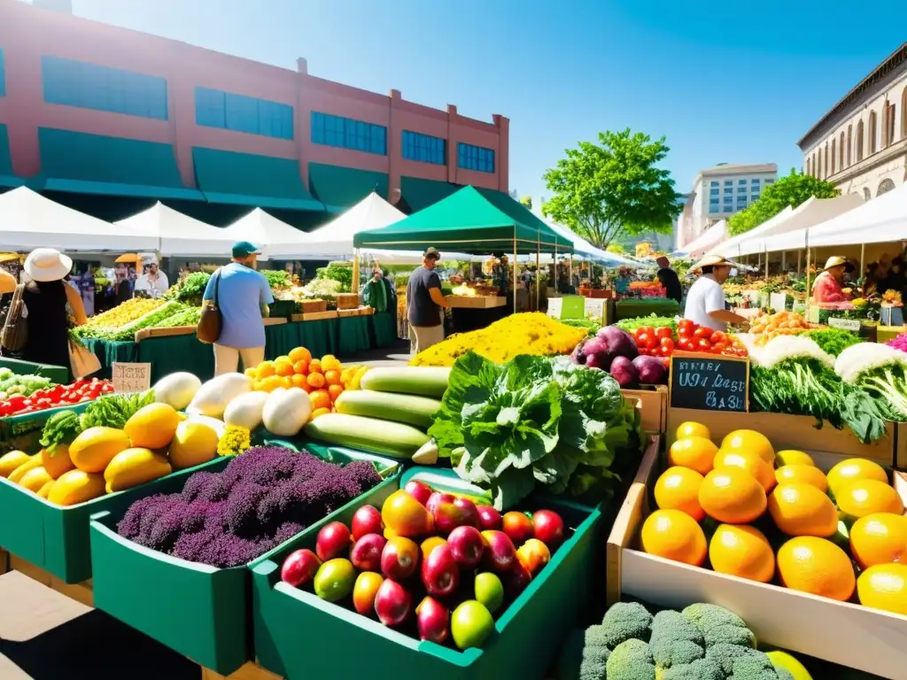 Venta de productos de agricultura urbana en mercado moderno y vibrante, con frutas, verduras y flores frescas en coloridos puestos