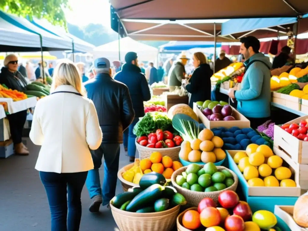 Venta de productos agricultura urbana en animado mercado con variedad de productos frescos, multitud y ambiente comunitario