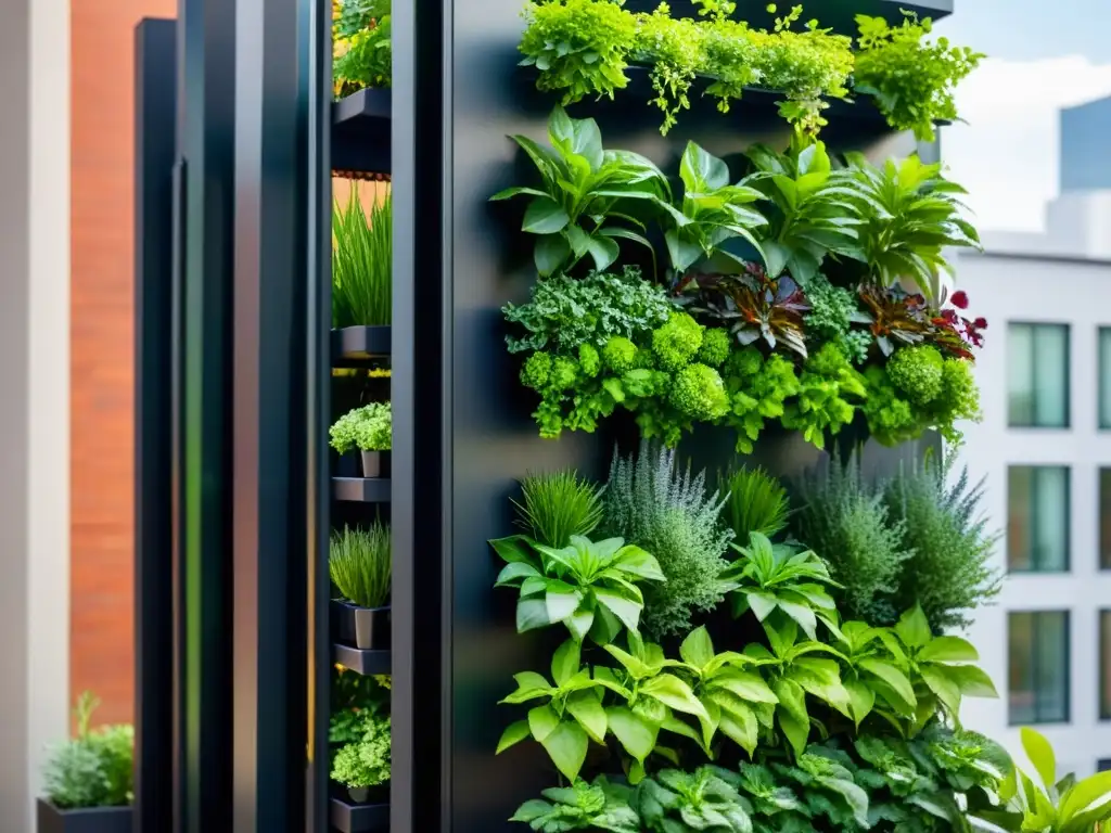 Ventajas de huertos verticales modulares: un jardín urbano moderno con plantas exuberantes en contraste con el paisaje urbano dinámico y vibrante