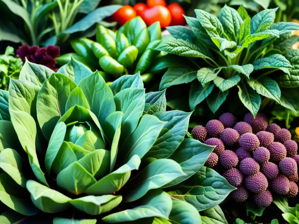 Jardín urbano vibrante: verduras y hierbas en detalle 'Verde exuberante: huerto urbano rebosante de alimentos funcionales para huerto urbano
