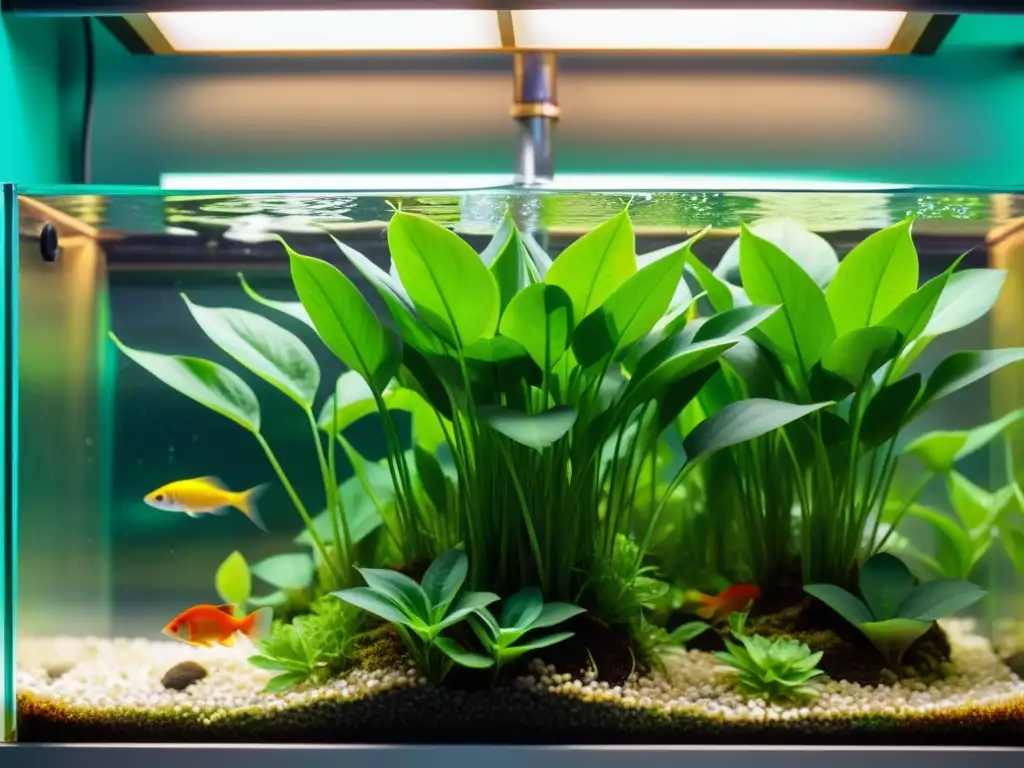 Planta acuática verde en tanque acuapónico con peces coloridos