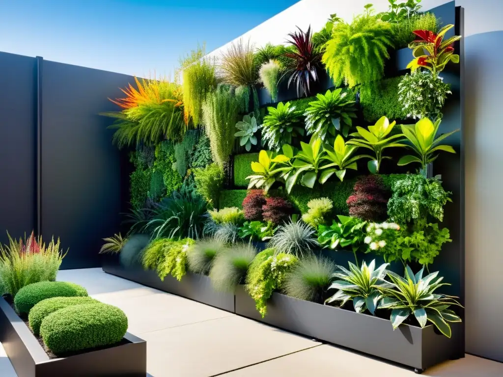 Un jardín vertical accesible para personas con diseño moderno, plantas vibrantes y ambiente urbano