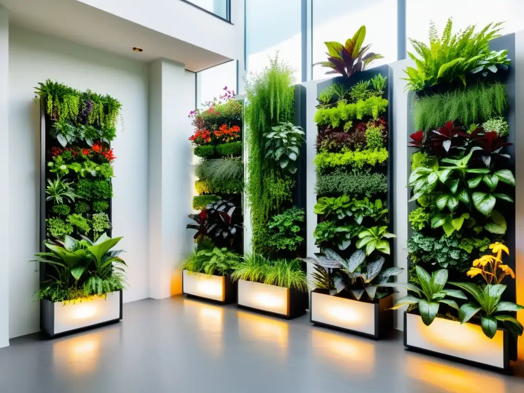 Un jardín vertical accesible para personas con huertos verticales accesibles para personas, exuberante y vibrante, iluminado por luz natural