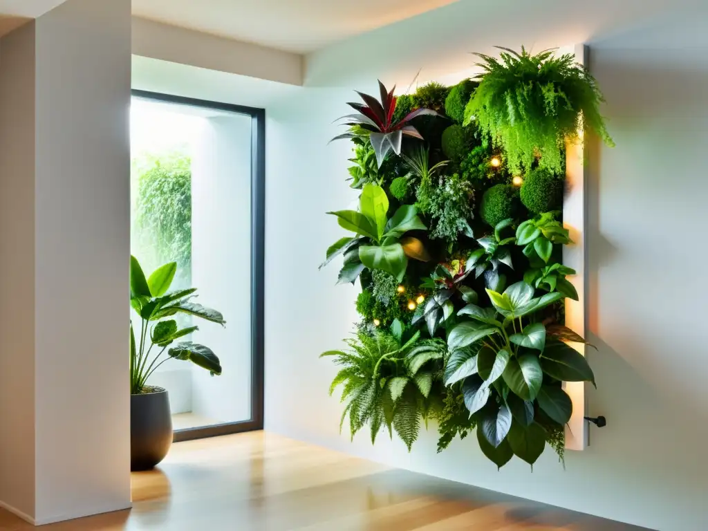 Un jardín vertical interior acuaponía con plantas exuberantes en macetas geométricas blancas, bañado en luz natural