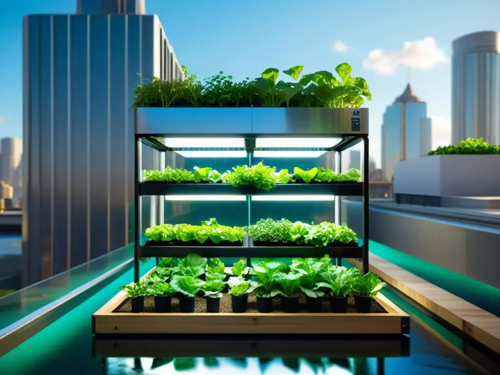 Acuaponía vertical para agricultura urbana: Sistema moderno con lechugas verdes y peces vibrantes en un entorno urbano compacto y eficiente