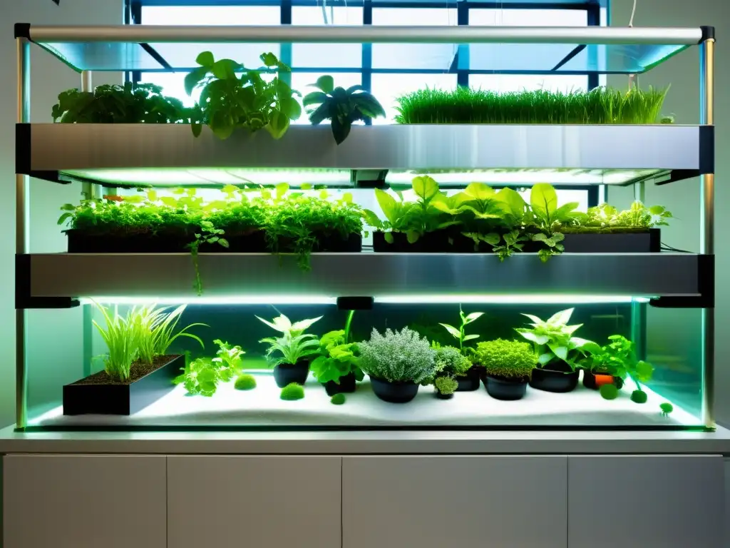 Acuaponía vertical para agricultura urbana: sistema moderno con torres metálicas, plantas exuberantes y peces en tanques transparentes