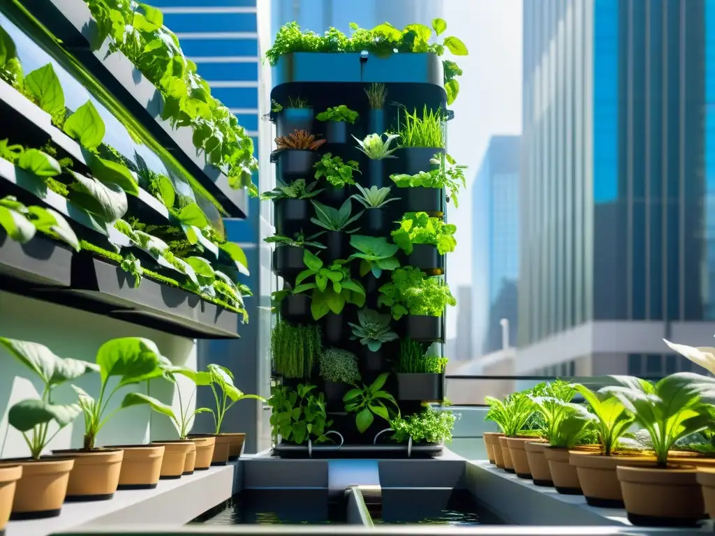 Acuaponía vertical para agricultura urbana: sistema futurista de plantas verdes en una ciudad moderna, innovación y sostenibilidad