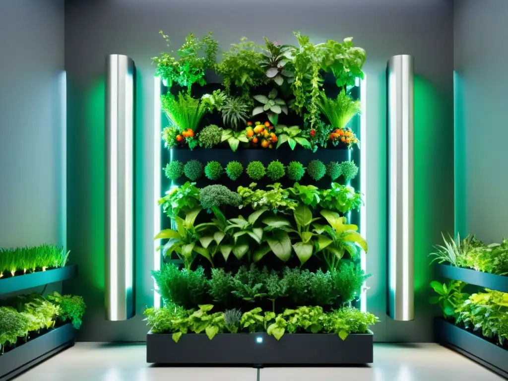 Un jardín vertical de alta tecnología con frutas, verduras y hierbas, iluminado por luces LED