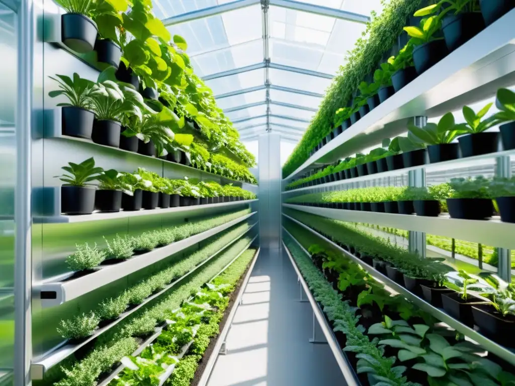 Un jardín vertical de alta tecnología con plantas vibrantes en filas, robotica y luz natural