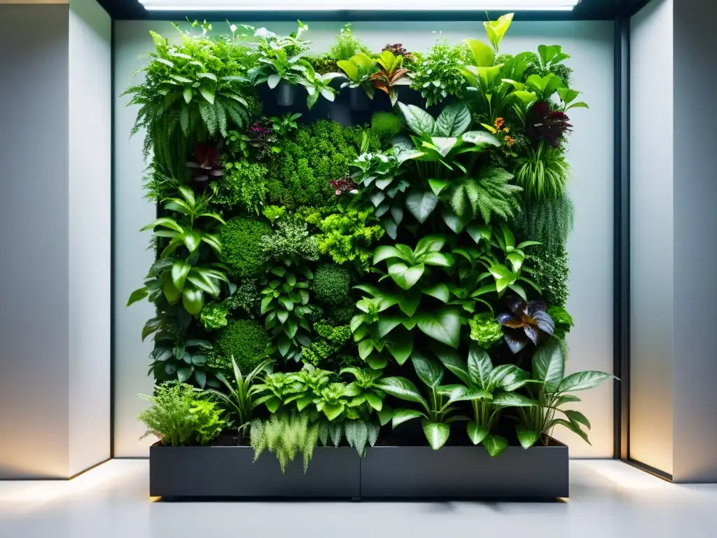 Un jardín vertical automatizado con exuberantes plantas verdes, tecnología de monitoreo de nutrientes integrada