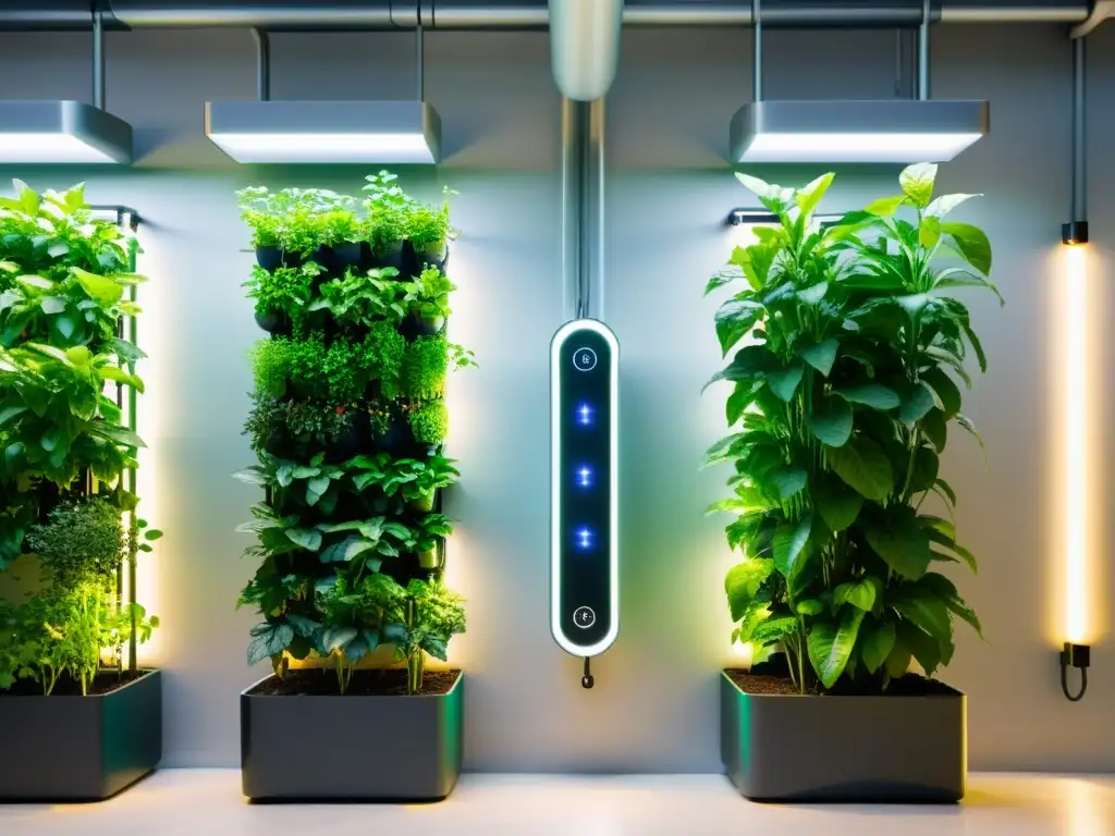 Un jardín vertical automatizado moderno con exuberante vegetación vibrante que crece hacia arriba en un entorno interior elegante y bien iluminado