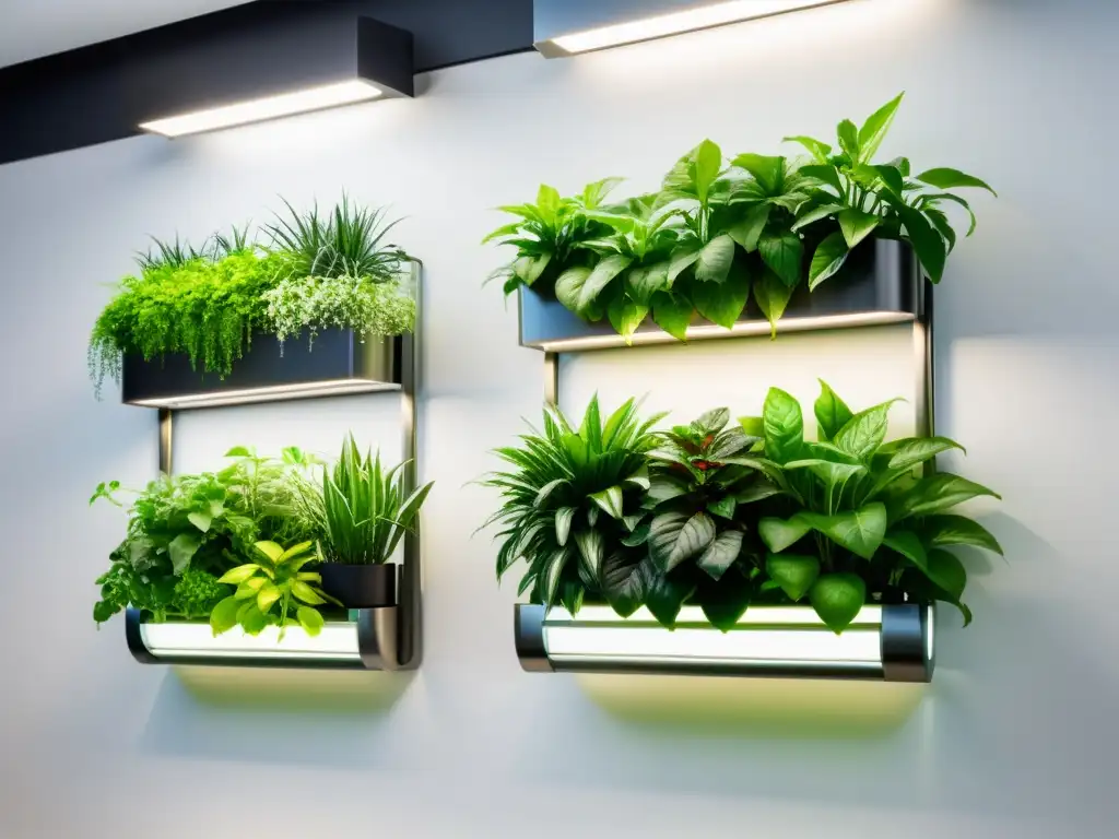 Un jardín vertical automatizado moderno con plantas exuberantes y sistemas de riego automatizado