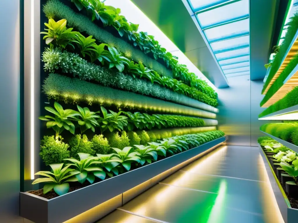 Un jardín vertical automatizado con plantas vibrantes en un invernadero de alta tecnología