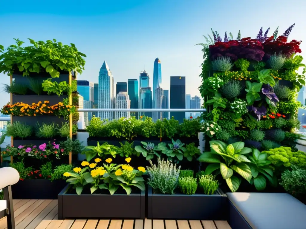 Un jardín vertical en azotea, con hermosa vegetación y flores coloridas, rodeado por el horizonte de la ciudad