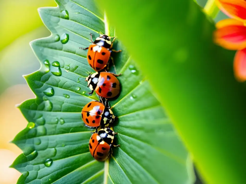 Ladybugs en jardín vertical, bañados por el sol matutino