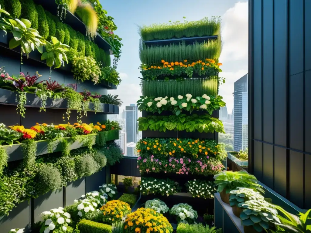 Un jardín vertical en una ciudad bulliciosa, con plantas exuberantes y arquitectura futurista