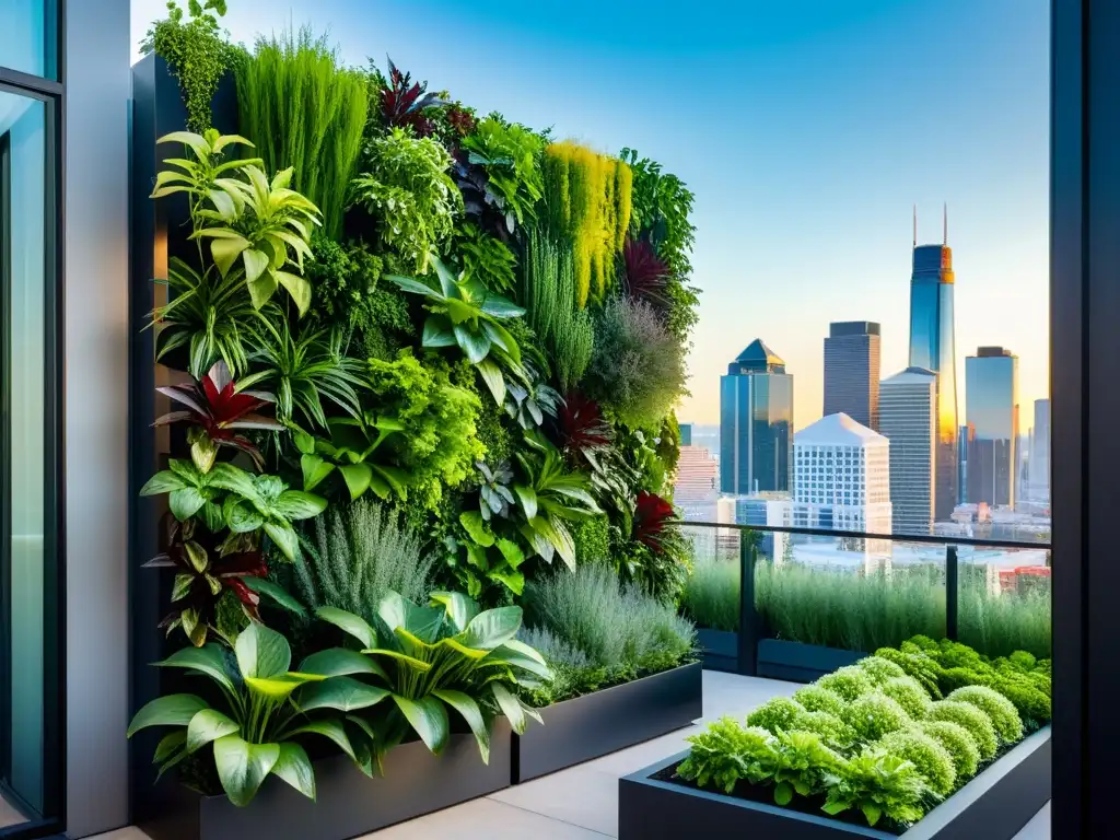 Vertical garden en la ciudad: cultivar en espacios urbanos verticales con plantas verdes y skyline al fondo