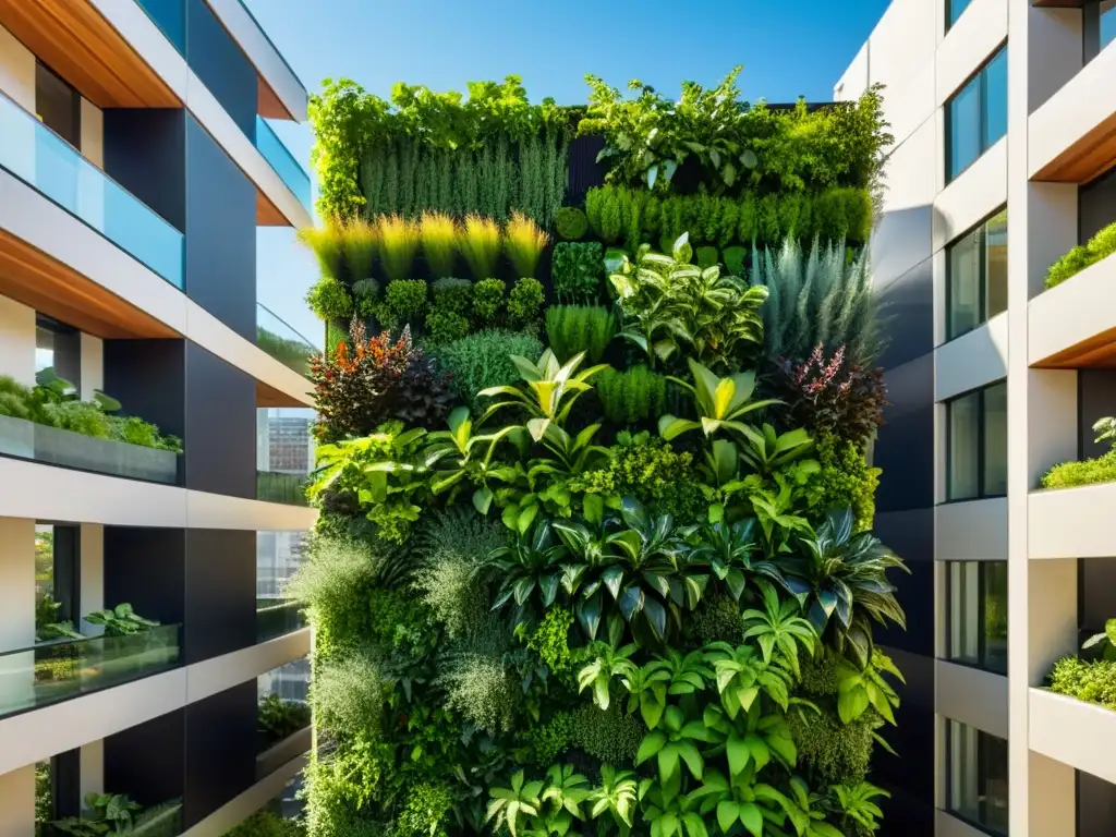 Un jardín vertical en la ciudad muestra la rentabilidad del huerto urbano con plantas exuberantes y estructura innovadora
