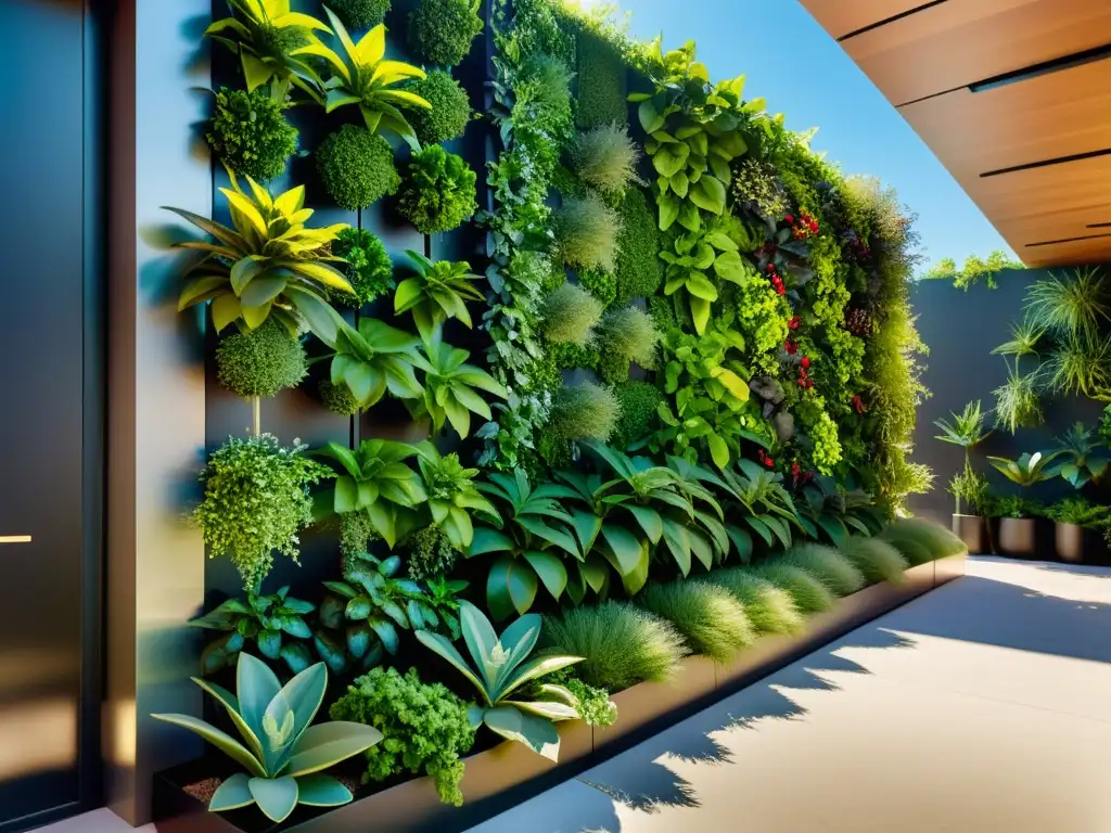 Un jardín vertical en clima cálido muestra adaptación huertos verticales diferentes climas con plantas exuberantes y moderno diseño