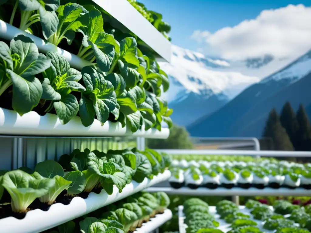 Un jardín vertical en clima frío muestra plantas vibrantes contra montañas nevadas, destacando el manejo de huertos verticales en frío