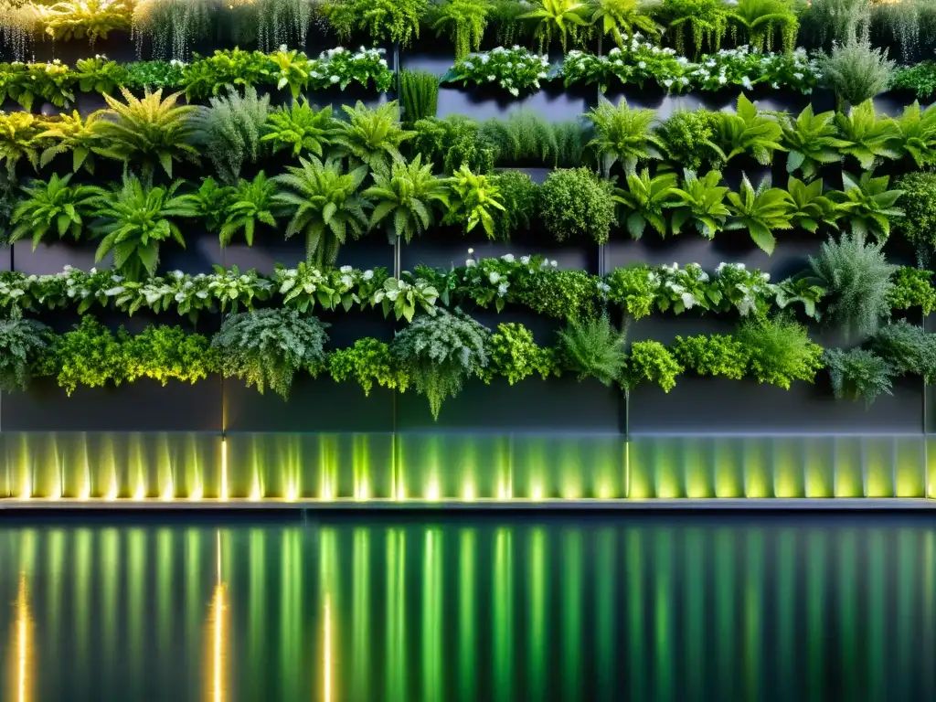 Un jardín vertical en clima frío muestra plantas verdes con delicada escarcha