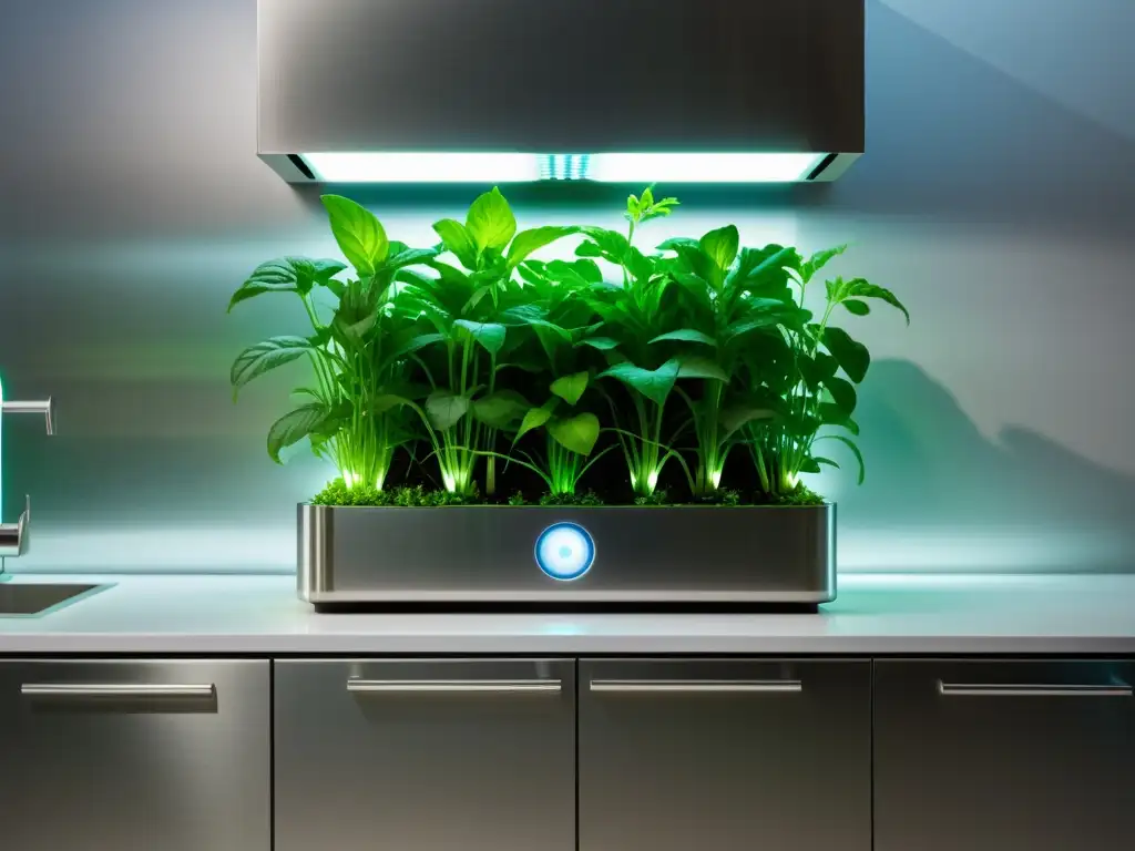 Un jardín hidropónico vertical en una cocina contemporánea, con hierbas vibrantes y luces LED, ideal para la hidroponía en casa huertos verticales