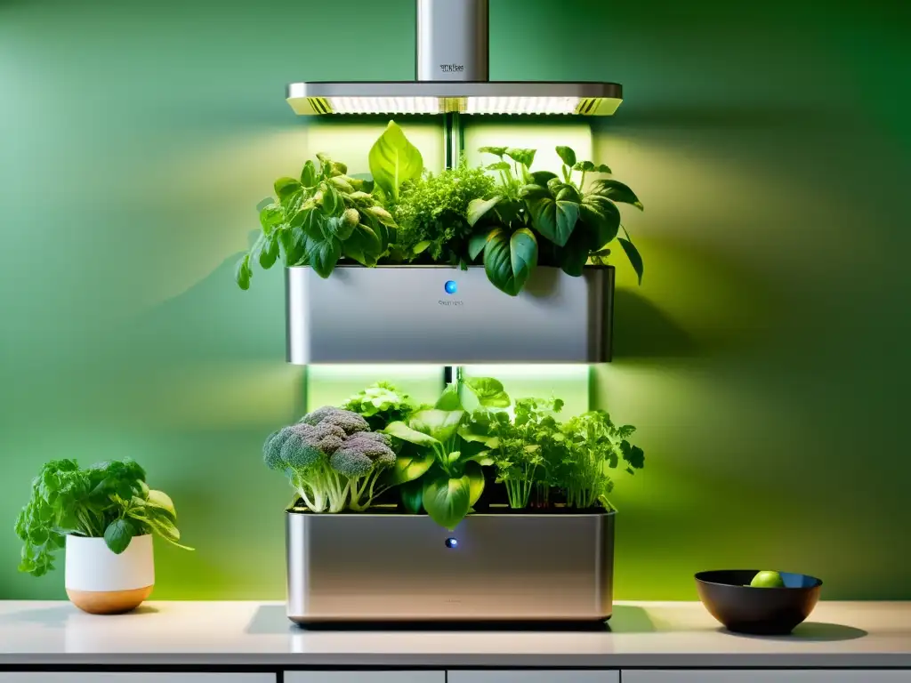 Un jardín hidropónico vertical en una cocina contemporánea, muestra vegetales y hierbas vibrantes y saludables