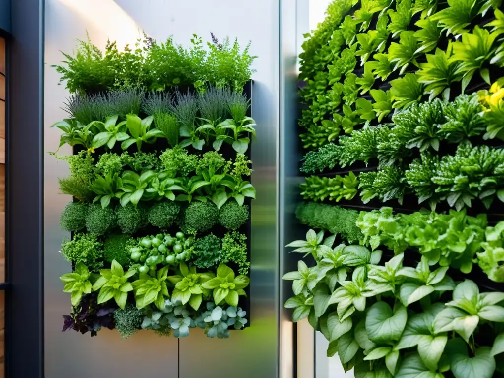 Un jardín vertical comestible urbano con plantas vibrantes y diseño moderno