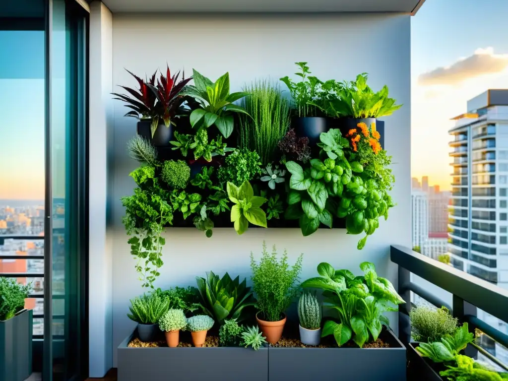 Un jardín vertical compacto y moderno en un balcón urbano, cultivando alimentos orgánicos en apartamentos con estilo y sofisticación