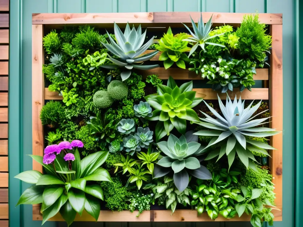 Un jardín vertical de construcción ingeniosa, con plantas exuberantes en materiales reciclados, embelleciendo el entorno urbano