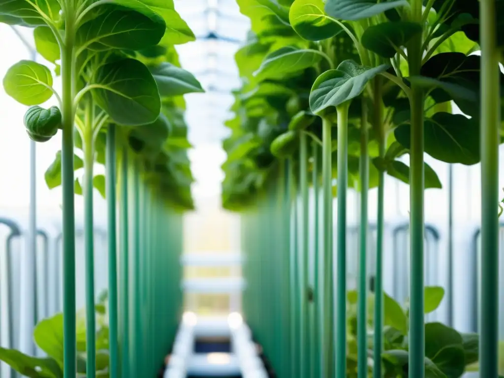 Jardín hidropónico vertical con cultivos verdes vibrantes y raíces aeradas, resaltando la importancia de la aeración en cultivos verticales