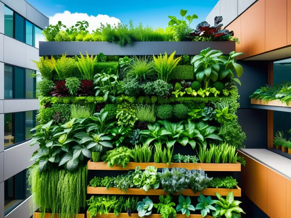 Un jardín vertical con cultivos verticales en techos urbanos, lleno de vegetación exuberante y diseño innovador