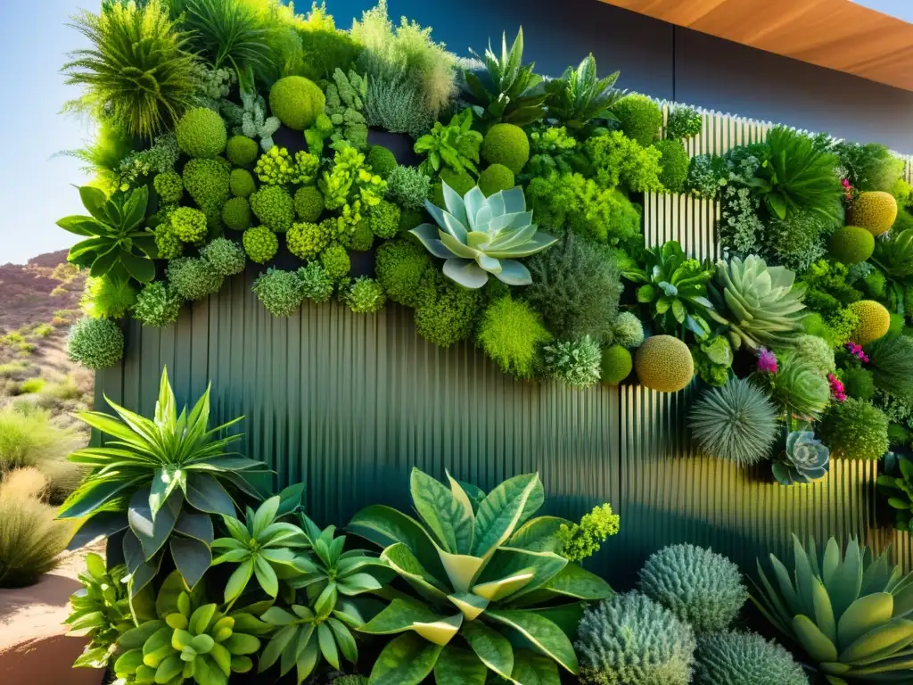 Un jardín vertical en un desierto, con plantas exuberantes y diseño moderno