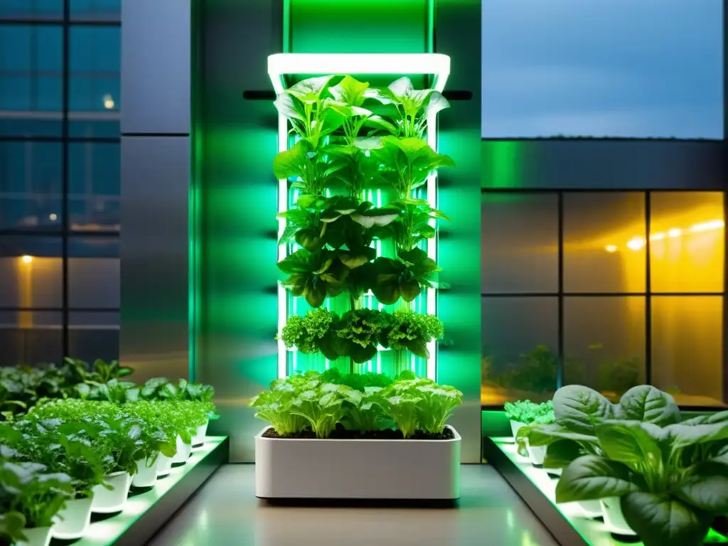 Un jardín hidropónico vertical con diseño futurista, plantas vibrantes y tecnología innovadora en huertos verticales