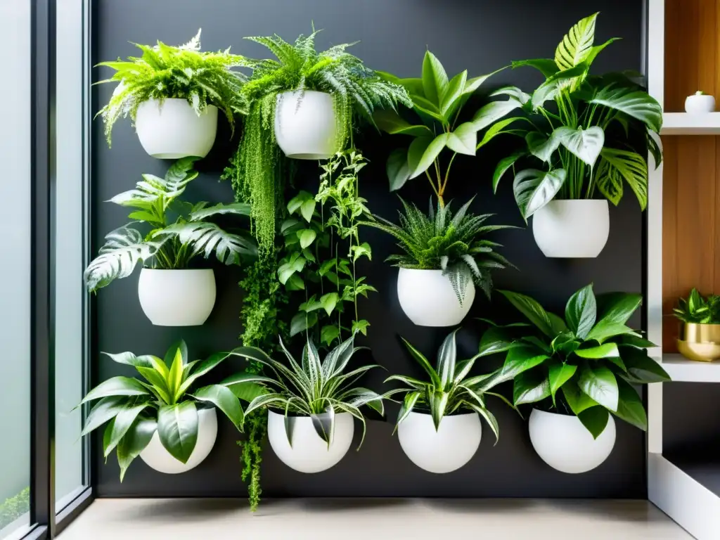 Un jardín vertical interior de diseño minimalista con plantas exuberantes en macetas blancas