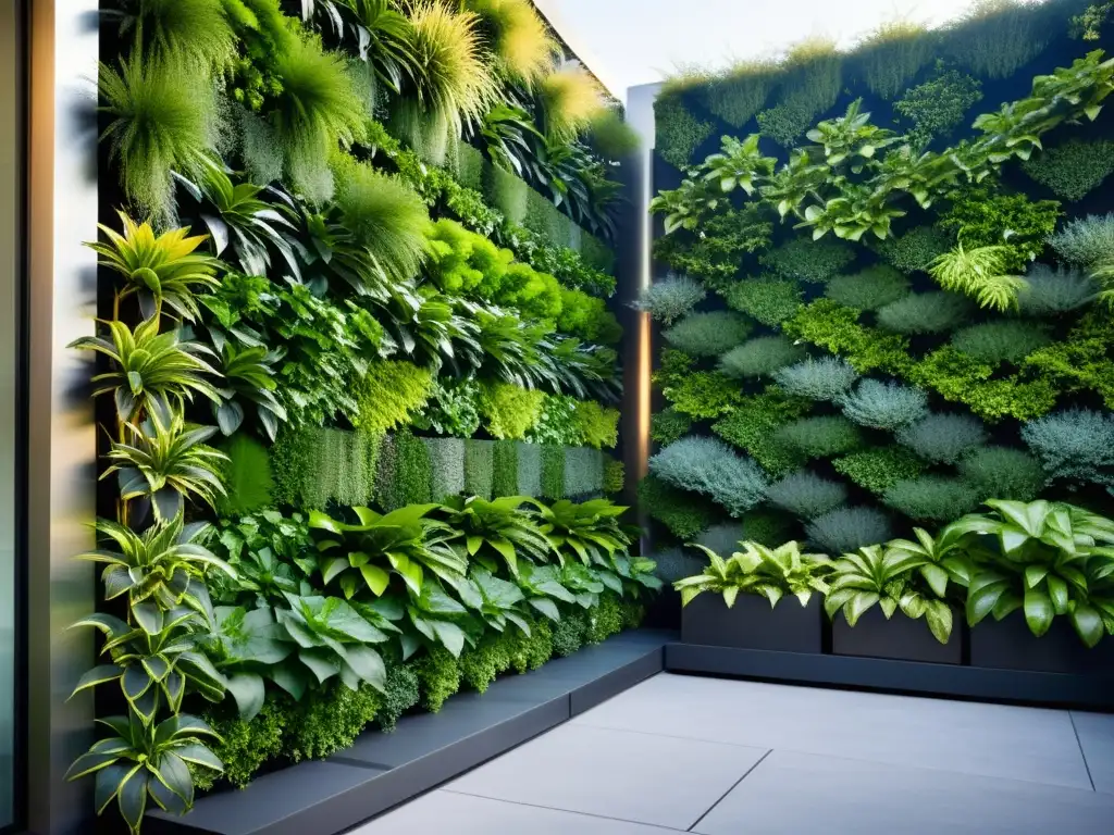 Un jardín vertical con diseño moderno, exuberantes plantas verdes dispuestas en patrón escalonado sobre paneles metálicos