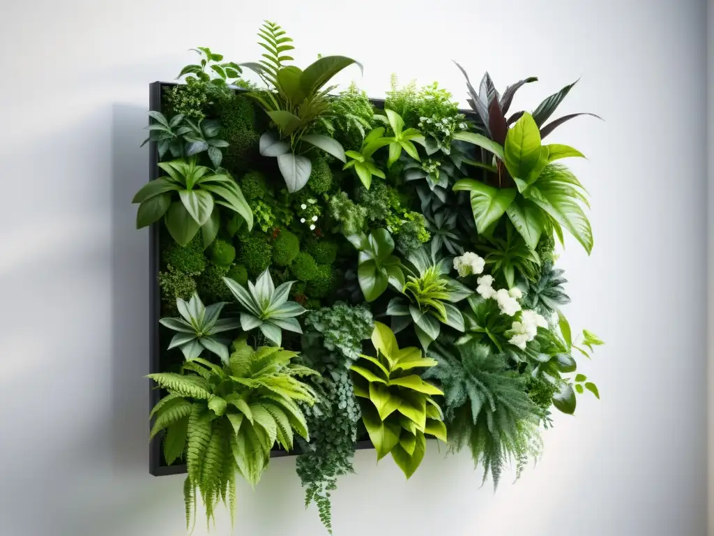 Guía práctica jardín vertical: diseño moderno con plantas verdes en patrón geométrico, iluminado por luz natural