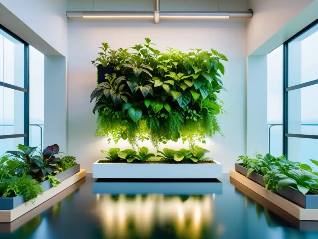 Un jardín vertical interior acuaponía con diseño moderno, plantas exuberantes y luz natural suave