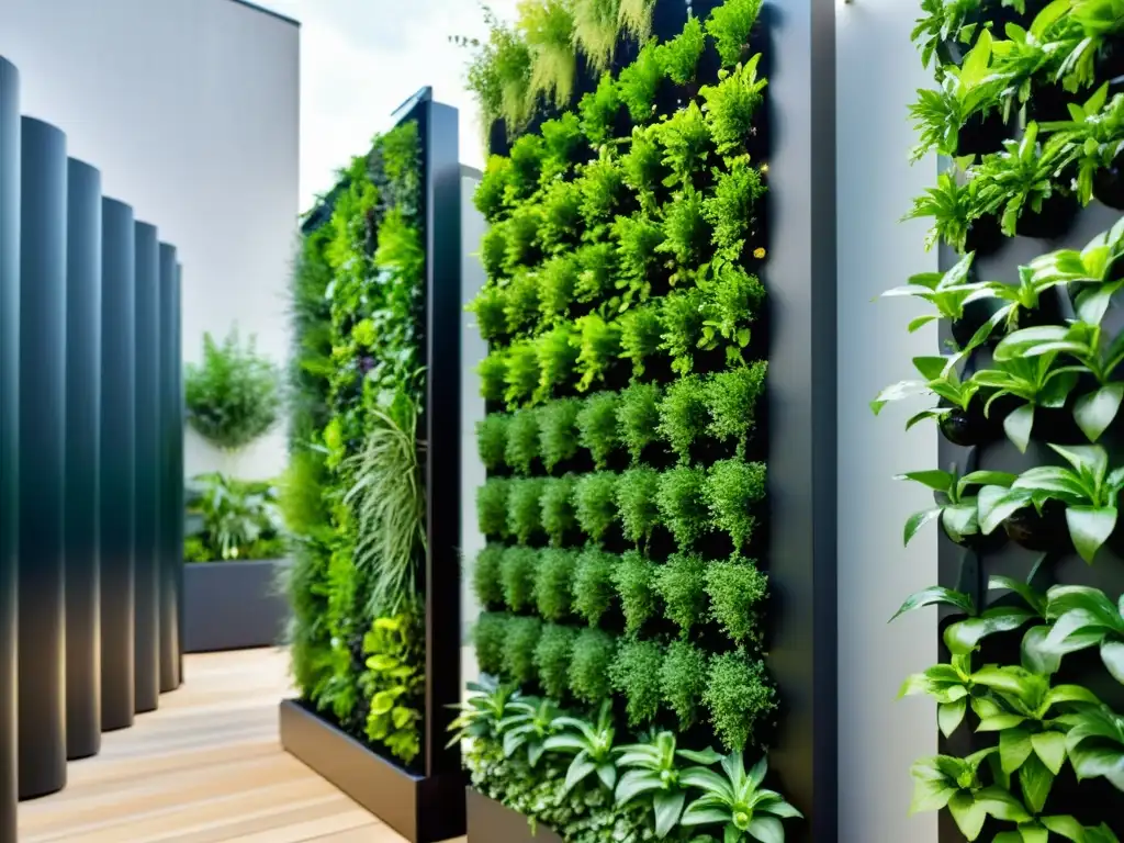 Un jardín vertical de diseño moderno con tecnologías de riego sostenible, lleno de exuberante vegetación verde