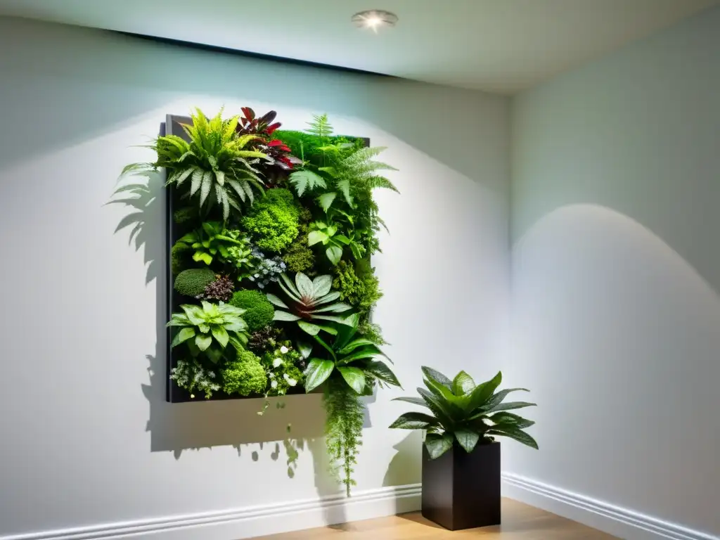 Un jardín vertical interior de diseño moderno con una variedad de plantas vibrantes, creando un ambiente elegante