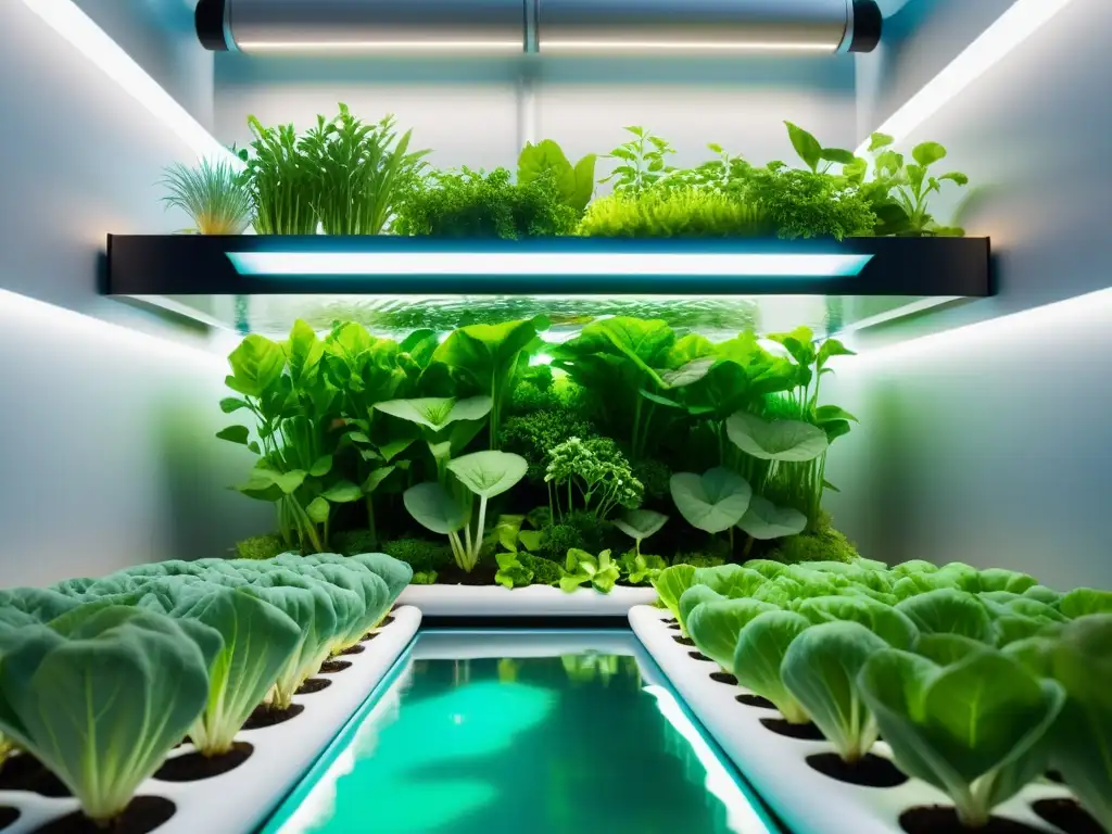 Un jardín acuapónico vertical de diseño moderno con verduras verdes y peces saludables