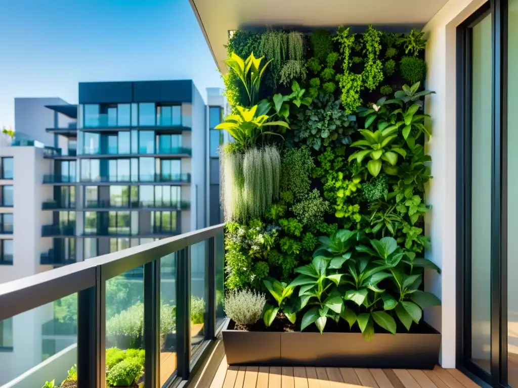 Un jardín vertical doméstico vibrante en un balcón urbano, capturando la armonía entre la naturaleza y la vida moderna