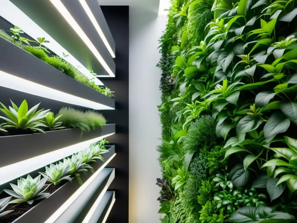 Jardín vertical con efectos de luz artificial para el crecimiento de plantas verticales en ambiente contemporáneo y pulido