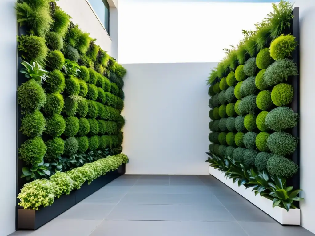 Un jardín vertical eficiente y moderno con maceteros geométricos simétricamente dispuestos en una pared blanca