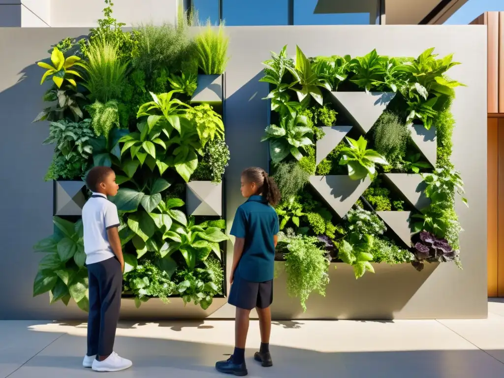 Jardín vertical escolar vibrante y moderno con estudiantes aprendiendo sobre beneficios huertos verticales enseñanza escolar