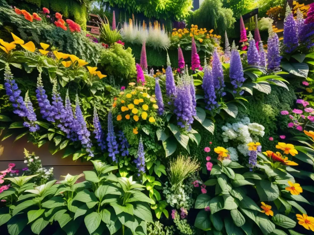 Un jardín vertical exuberante atrae abejas y mariposas urbanas con sus flores vibrantes y detalles intrincados, bañado en una cálida luz etérea