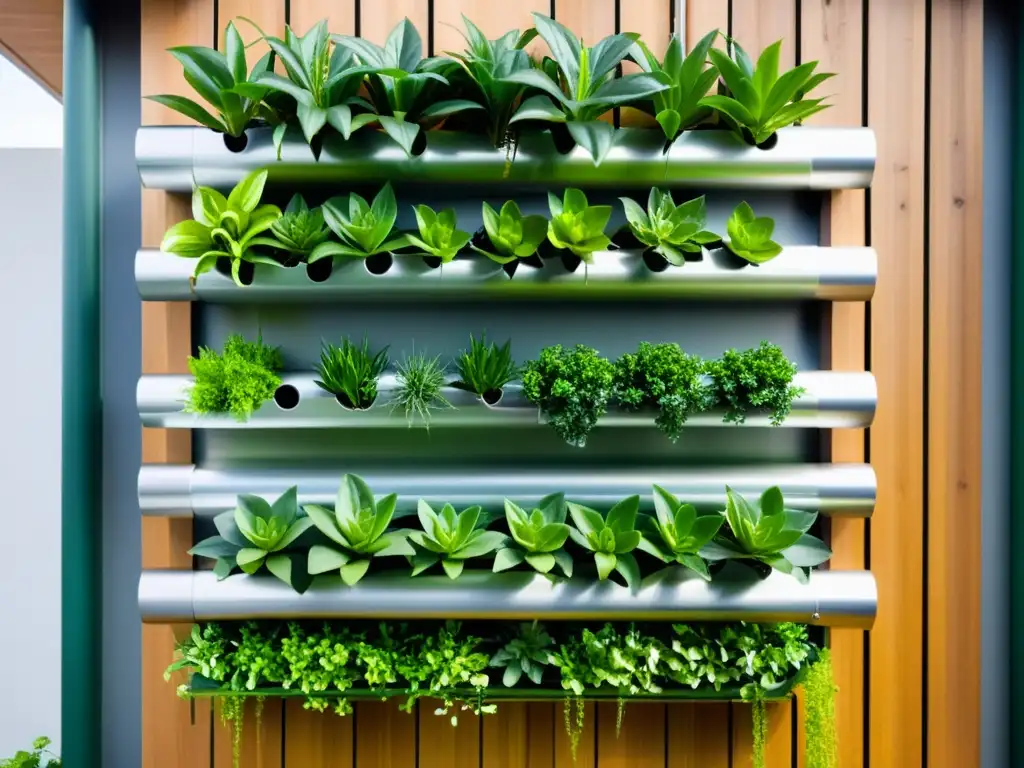 Jardín vertical con sistema de riego sofisticado Un jardín vertical exuberante con un avanzado sistema de riego sostenible para huertos verticales, fusionando naturaleza y tecnología