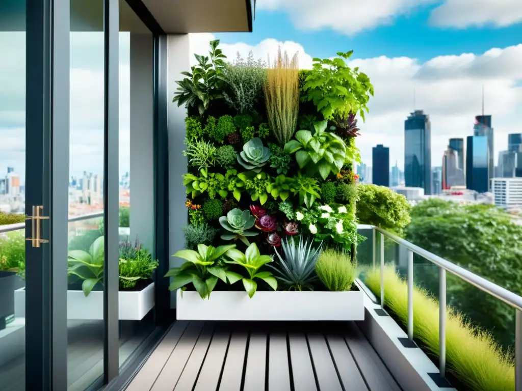 Un jardín vertical exuberante en un balcón moderno con el horizonte de la ciudad al fondo, transmitiendo calma y elegancia