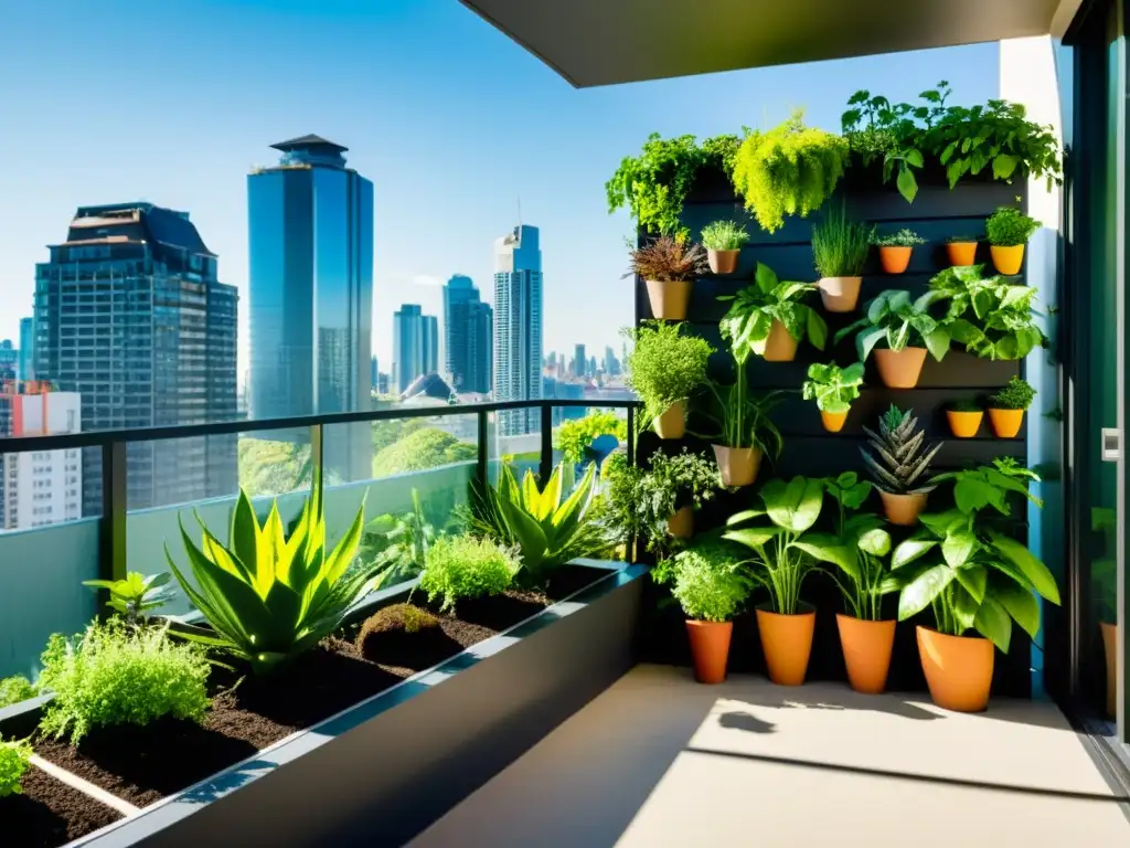 Un jardín vertical exuberante en un balcón urbano, mostrando la permacultura en huertos urbanos verticales